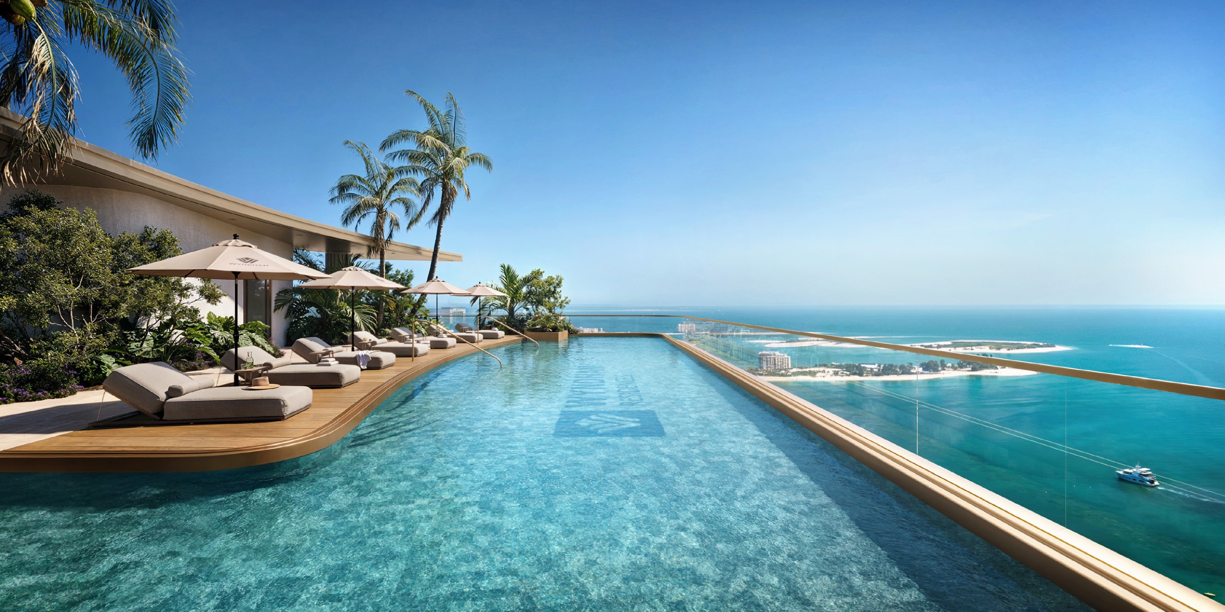 Rooftop infinity pool overlooking the Arabian Gulf and Al Marjan Island